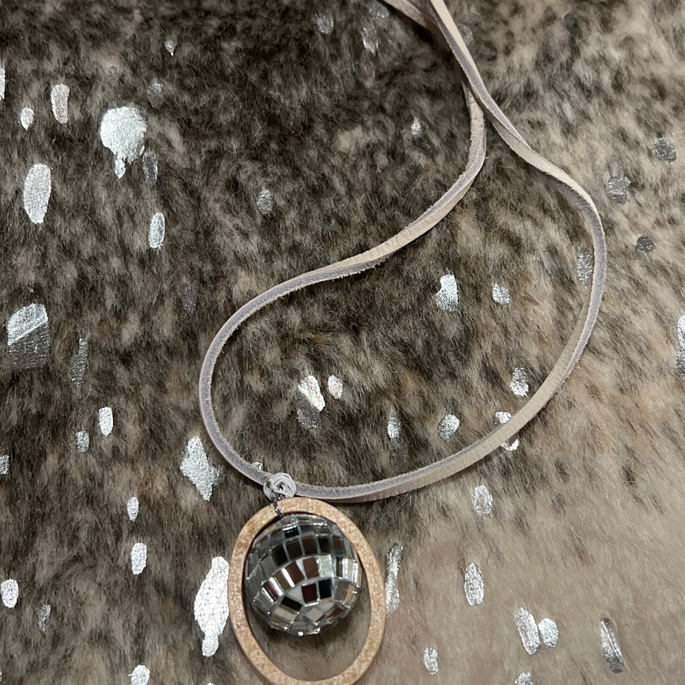Handmaid leather strap disco ball necklace